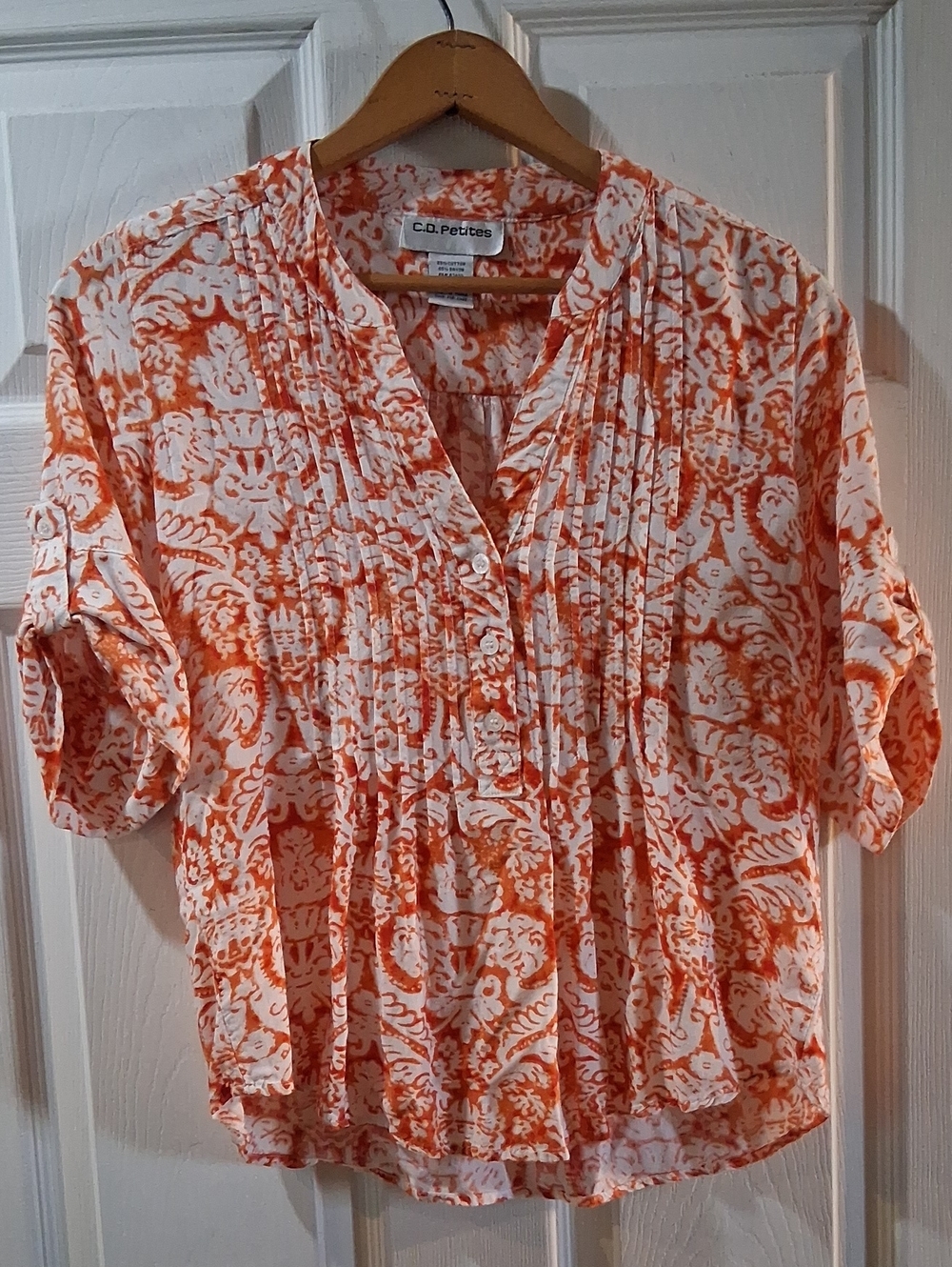 C.D. Petites Orange Printed Pintuck Blouse
